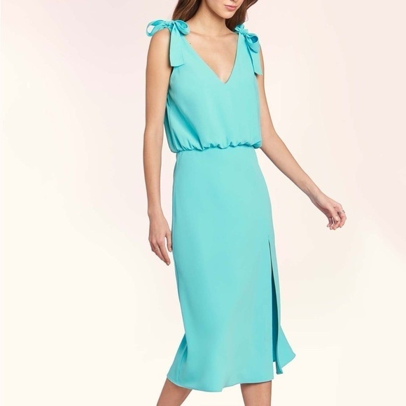 Amanda Uprichard Josephina Slit Blouson Midi Dress in Turquoise NWT Medium - Picture 2 of 9
